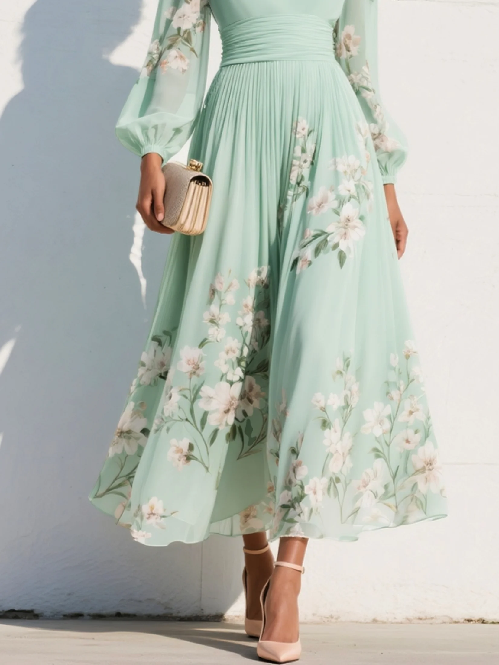 Cisella | Light green midi dress with V-neck, in pleated chiffon with floral pattern