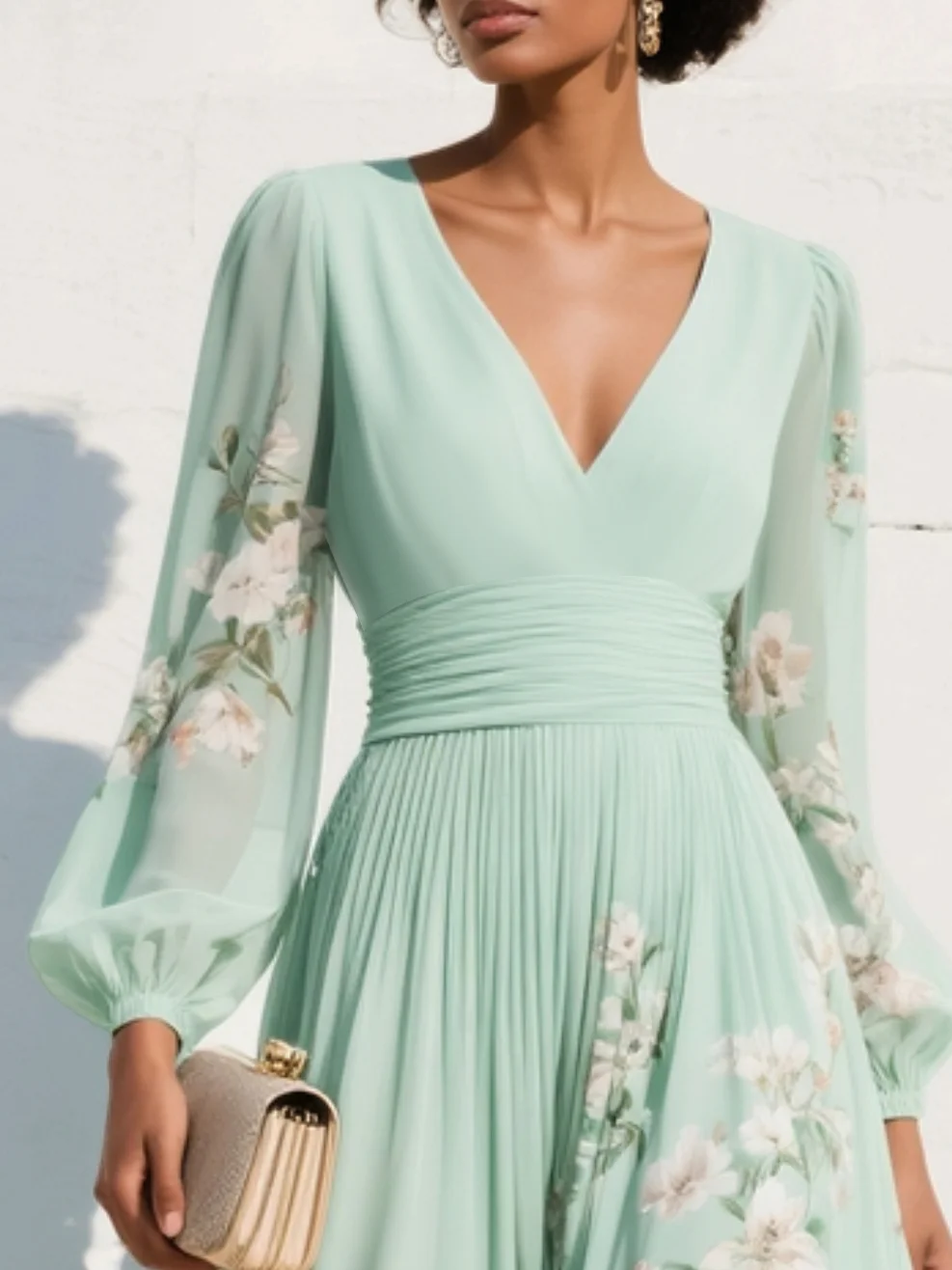 Cisella | Light green midi dress with V-neck, in pleated chiffon with floral pattern
