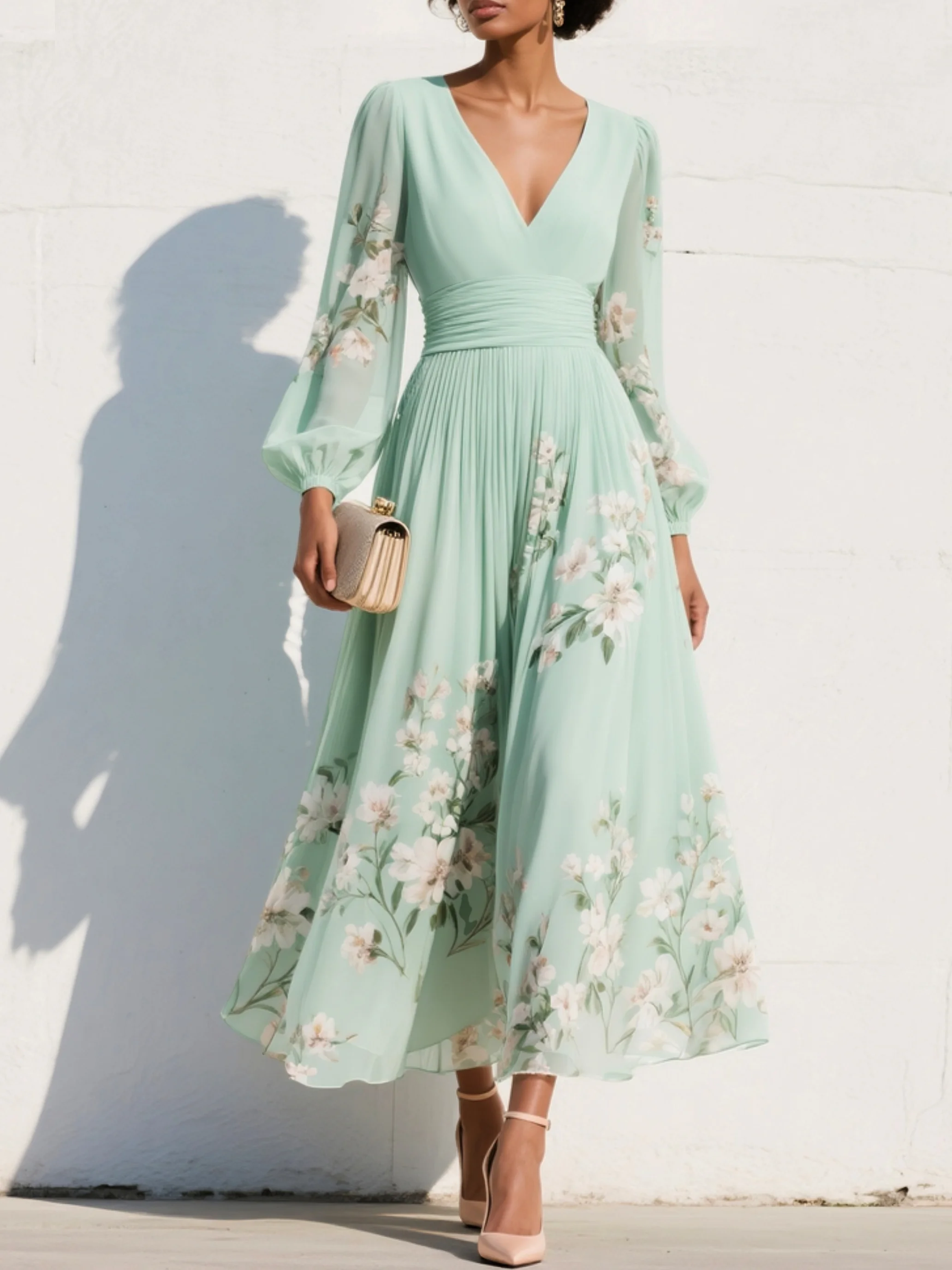 Cisella | Light green midi dress with V-neck, in pleated chiffon with floral pattern