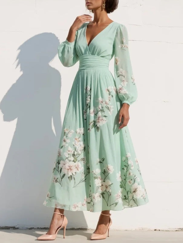 Cisella | Light green midi dress with V-neck, in pleated chiffon with floral pattern
