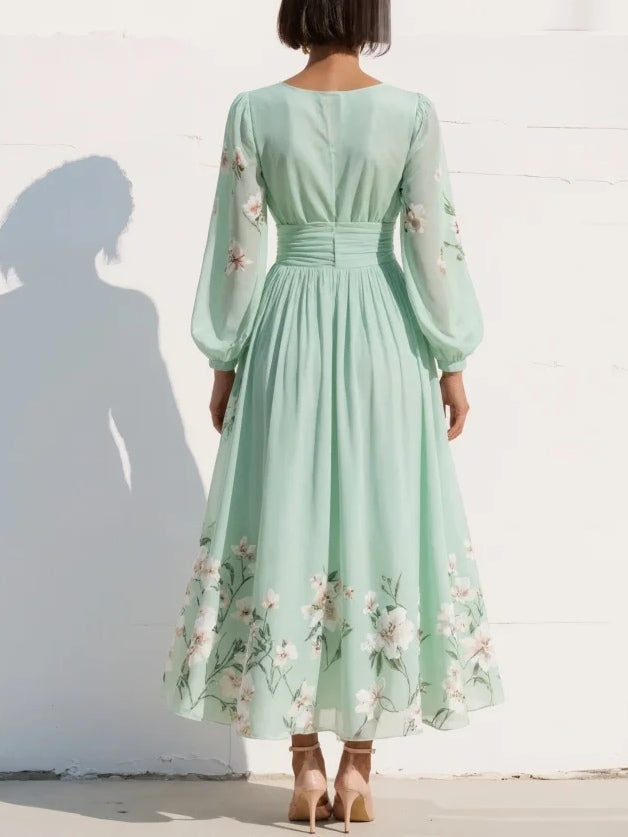 Cisella | Light green midi dress with V-neck, in pleated chiffon with floral pattern