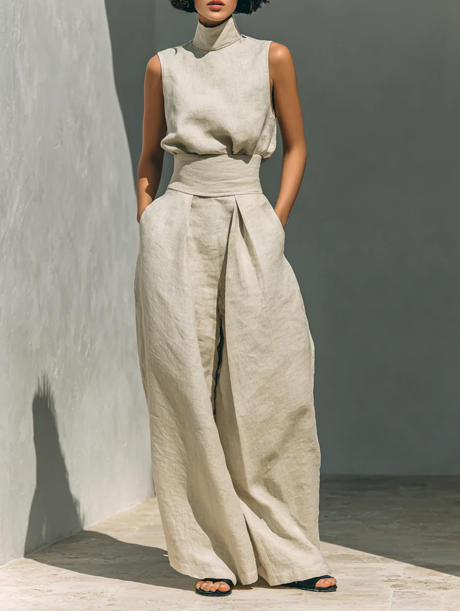 Aurora • Two-piece set consisting of a sleeveless beige top in a cotton-linen blend and wide-leg pants
