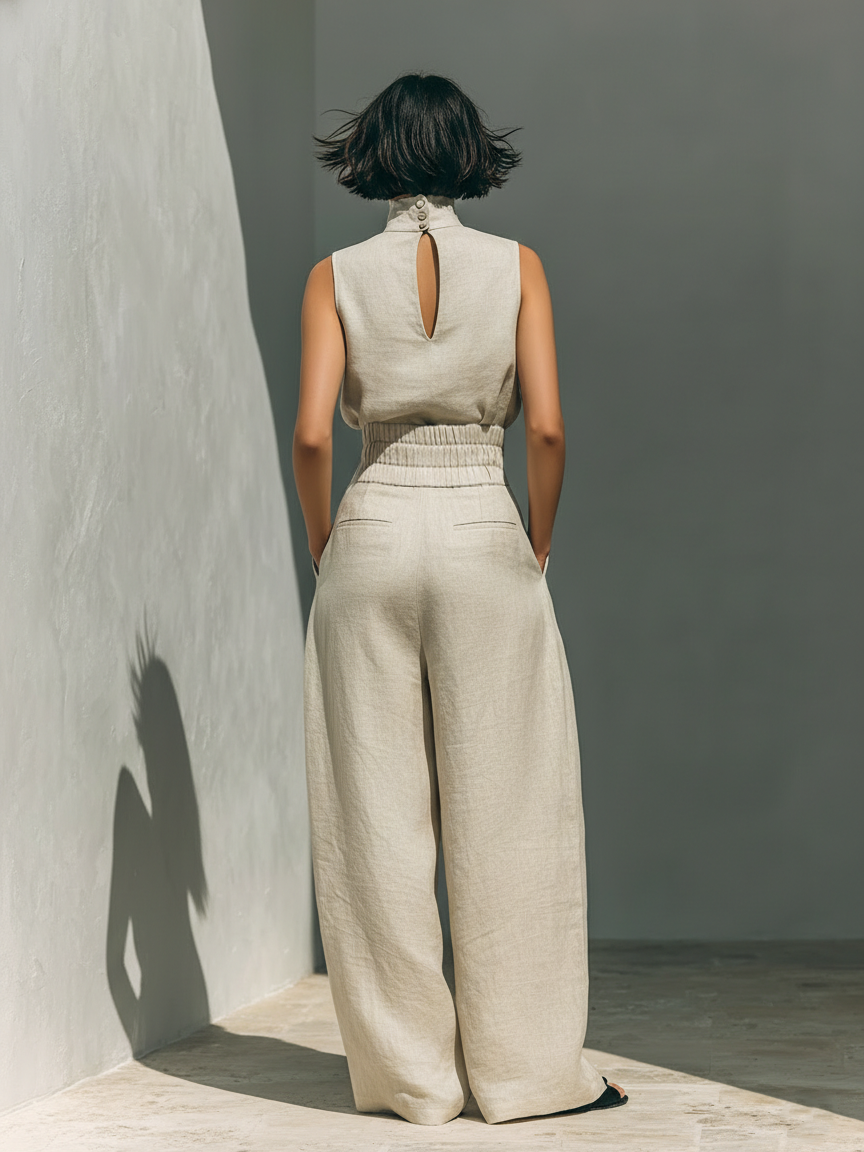 Aurora • Two-piece set consisting of a sleeveless beige top in a cotton-linen blend and wide-leg pants