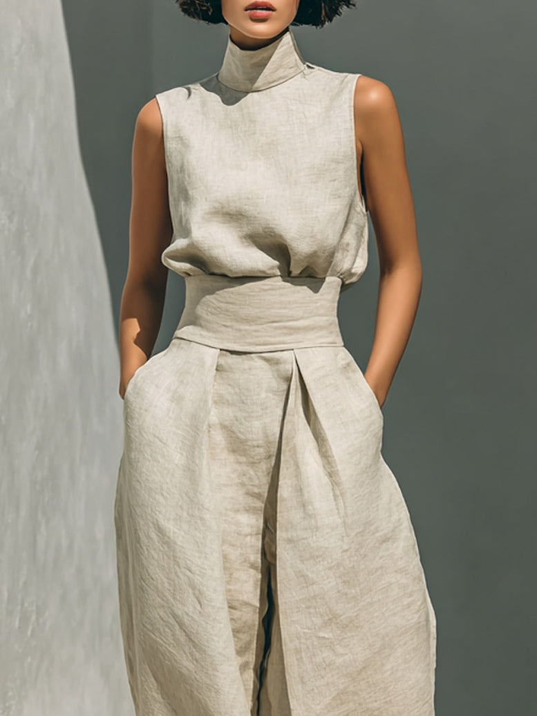 Aurora • Two-piece set consisting of a sleeveless beige top in a cotton-linen blend and wide-leg pants