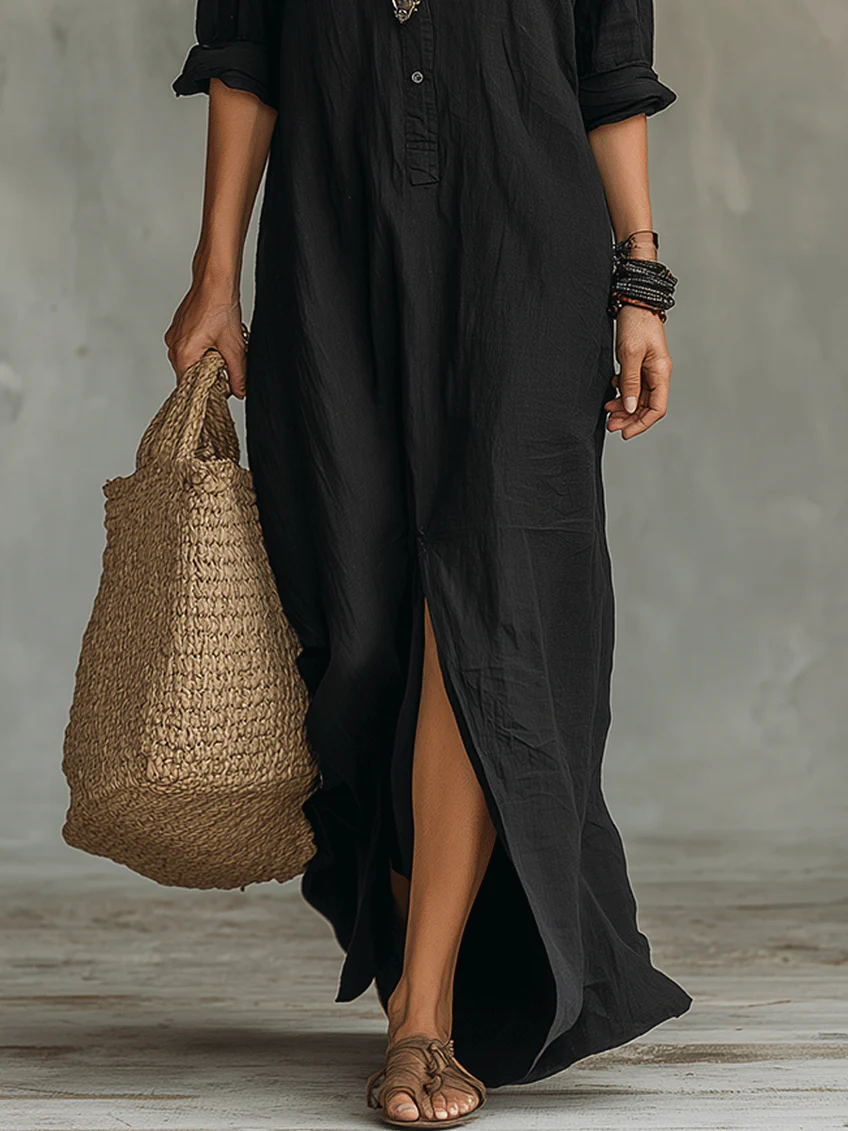 Soline™ | Black Flowing Maxi Dress with Buttons