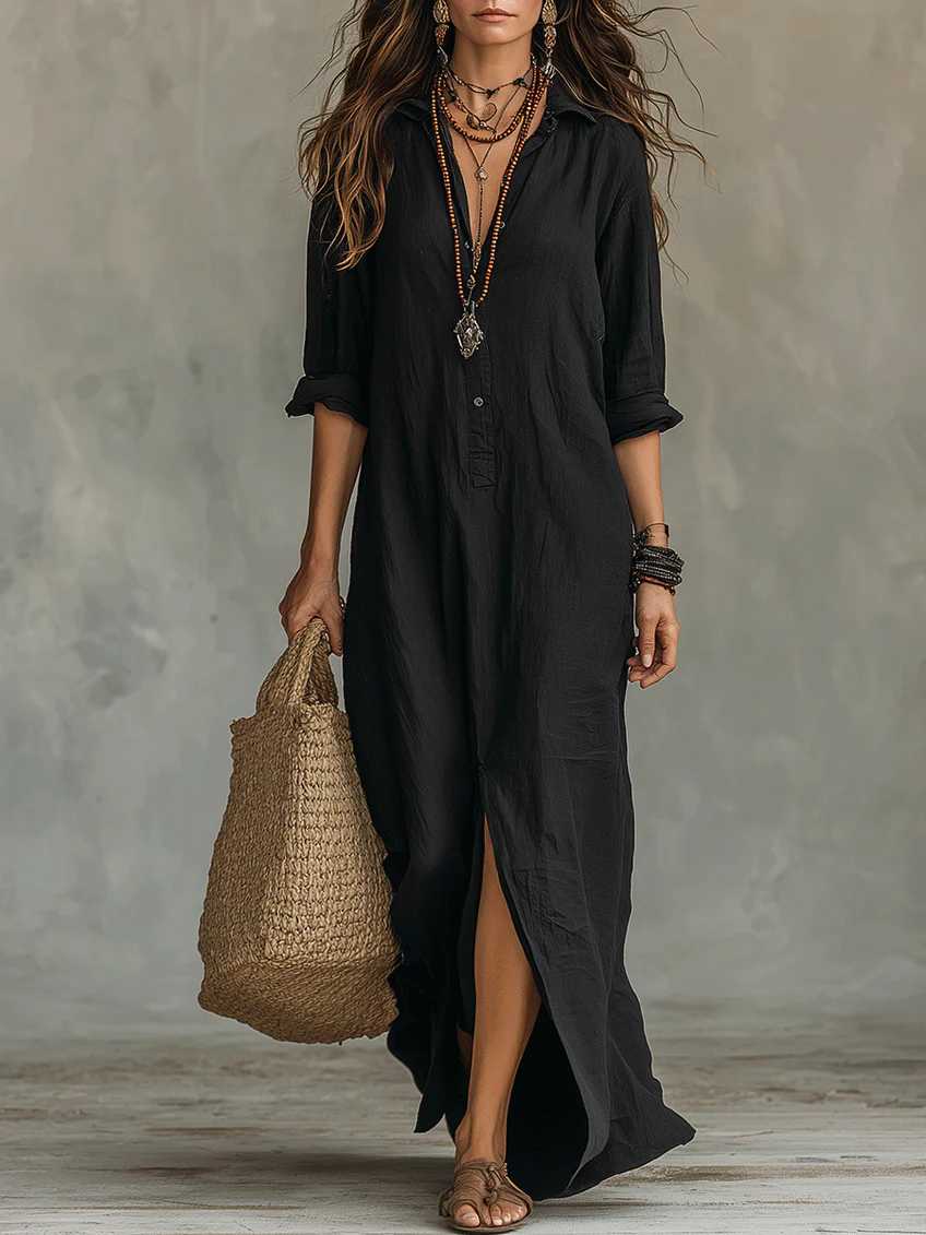 Soline™ | Black Flowing Maxi Dress with Buttons