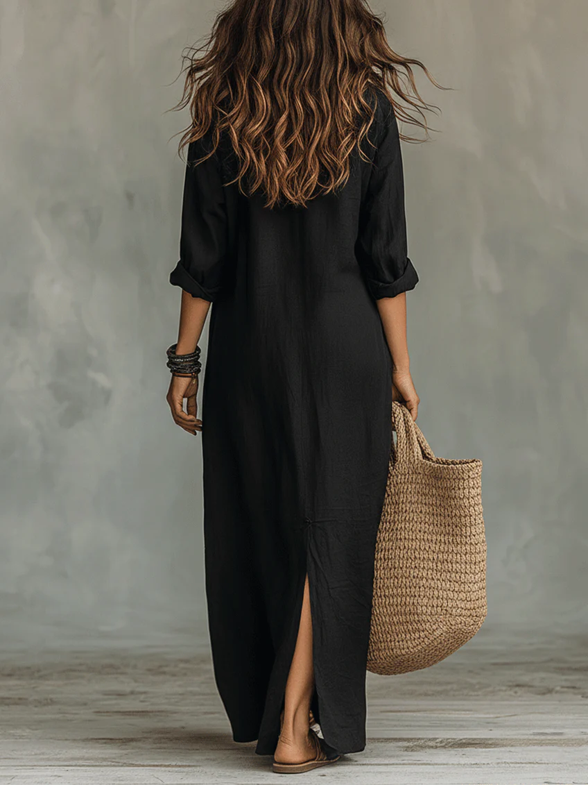 Soline™ | Black Flowing Maxi Dress with Buttons