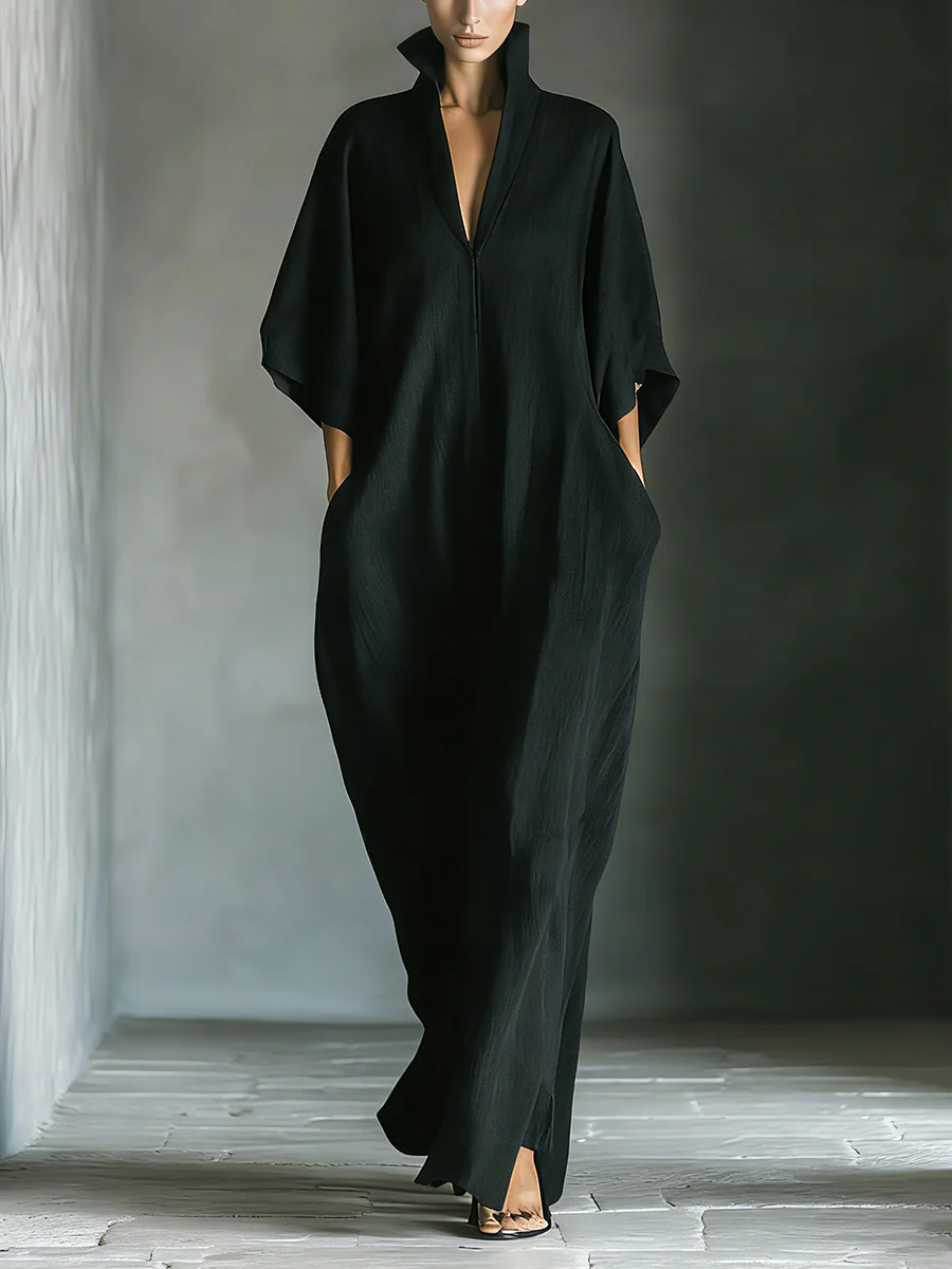 Alessandra • Oversized Black Long Dress with Kimono Sleeves