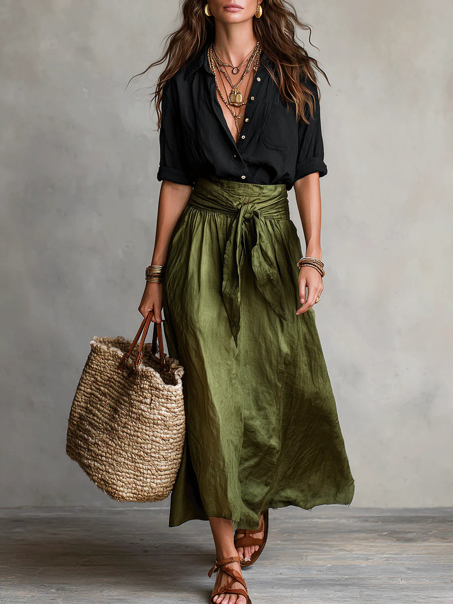 Vera™ | Two-Piece Set: Black Top and Olive Green Midi Skirt