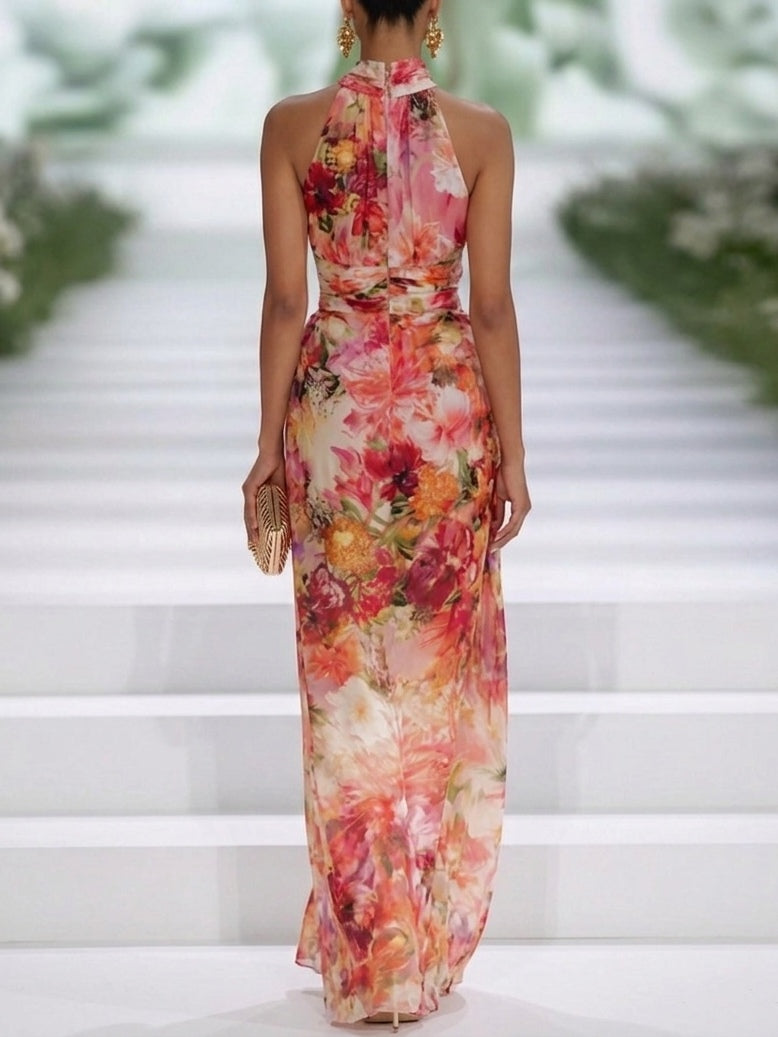 Fae | Red Chiffon Floral Sleeveless Maxi Dress