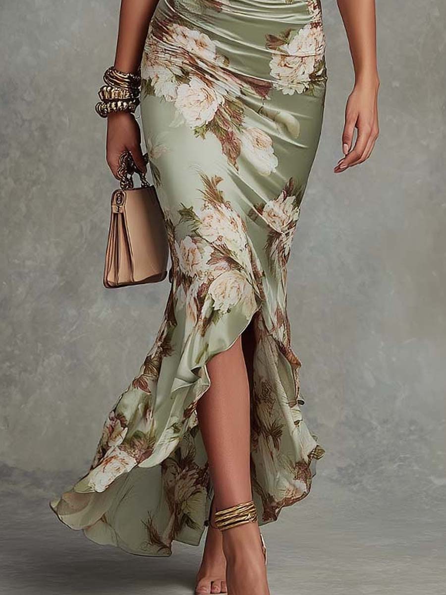 Anna - Asymmetrical Long Satin Dress in Green with V-Neck, Ruffled Bell Sleeves, and Floral Pattern