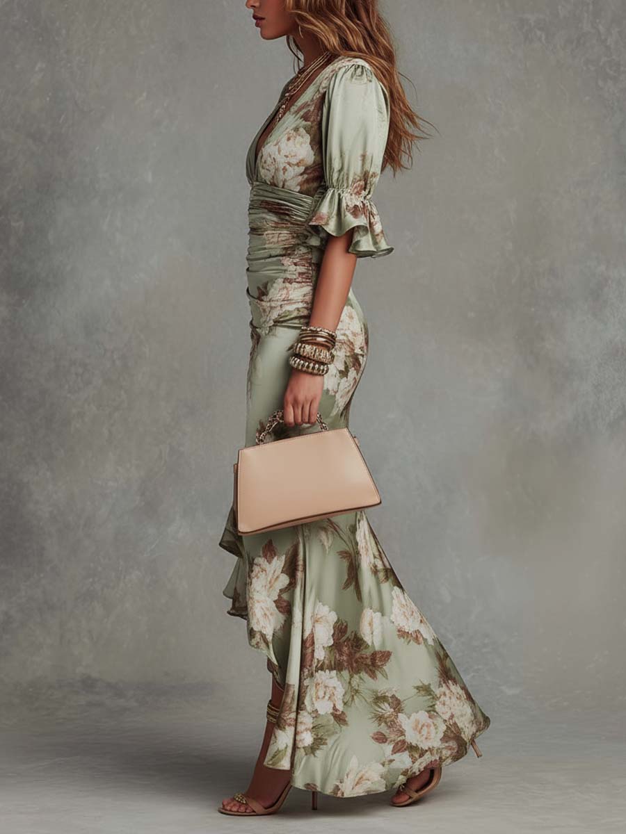 Anna - Asymmetrical Long Satin Dress in Green with V-Neck, Ruffled Bell Sleeves, and Floral Pattern