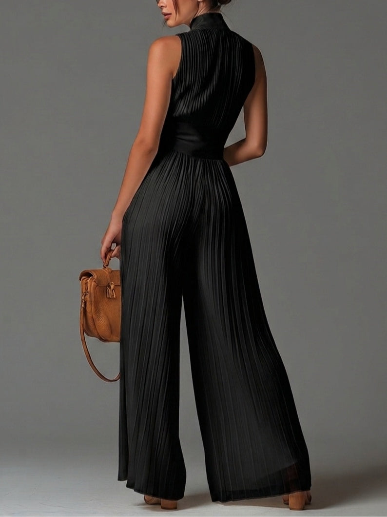 Black sleeveless V-neck jumpsuit with zipper and pleated wide legs in chiffon