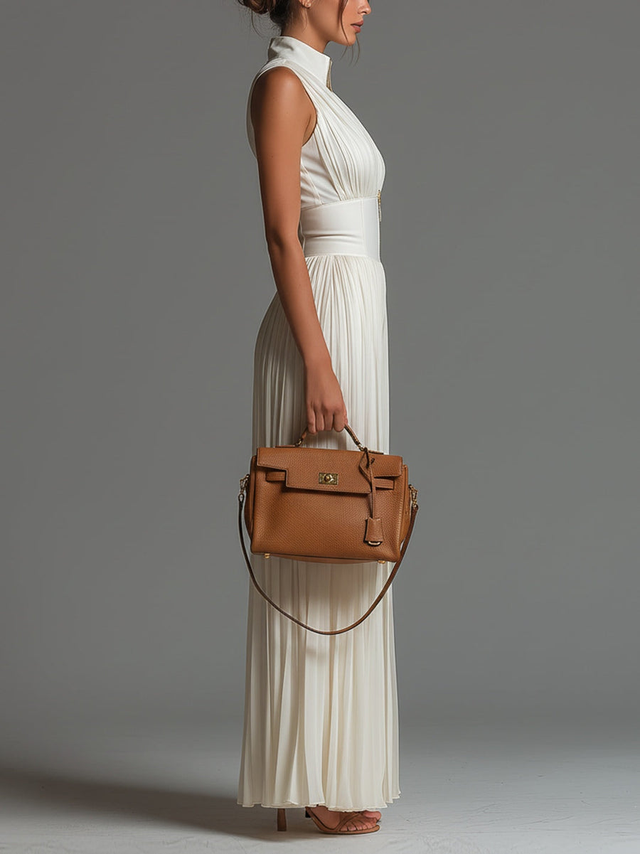 White sleeveless V-neck jumpsuit, zipper, pleated, wide chiffon legs