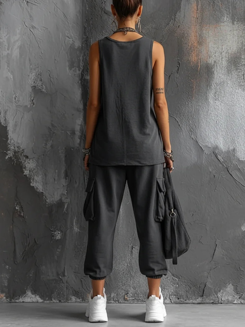 Dark Gray Vest And Jogger Cargo Pants Casual Suit