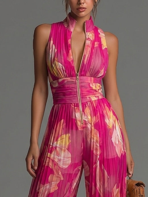 Zsófia Jumpsuit | Fuchsia Floral Pleated Chiffon