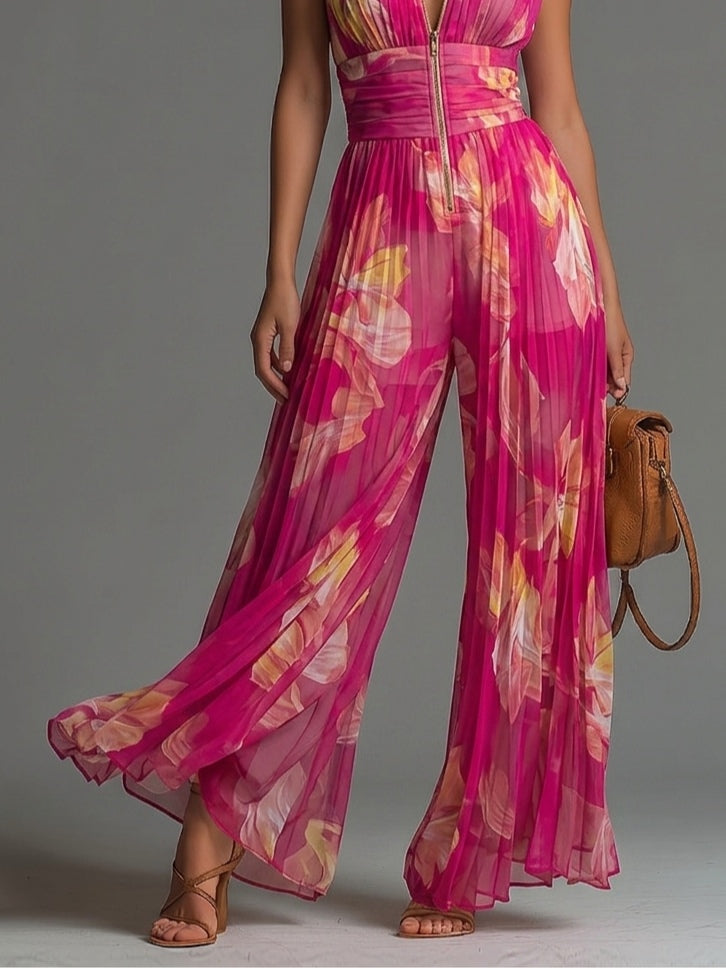 Zsófia Jumpsuit | Fuchsia Floral Pleated Chiffon