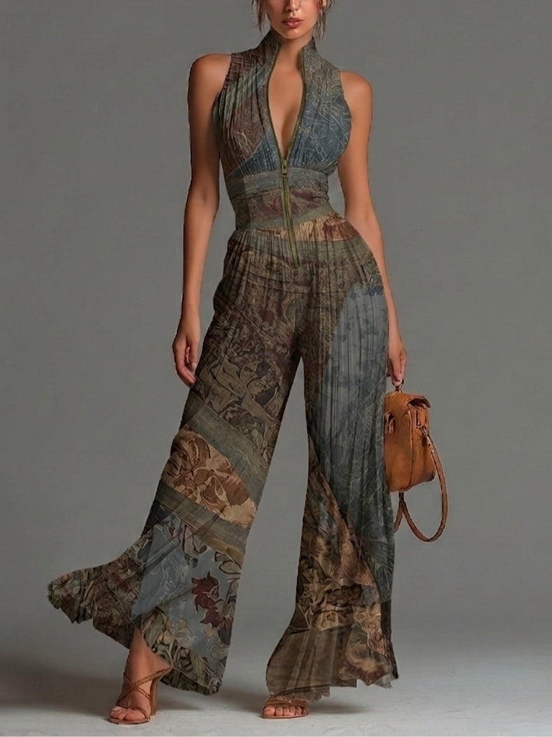 Bohemian Ethnic Print Sleeveless Zipper Pleated Wide-leg Chiffon Jumpsuit