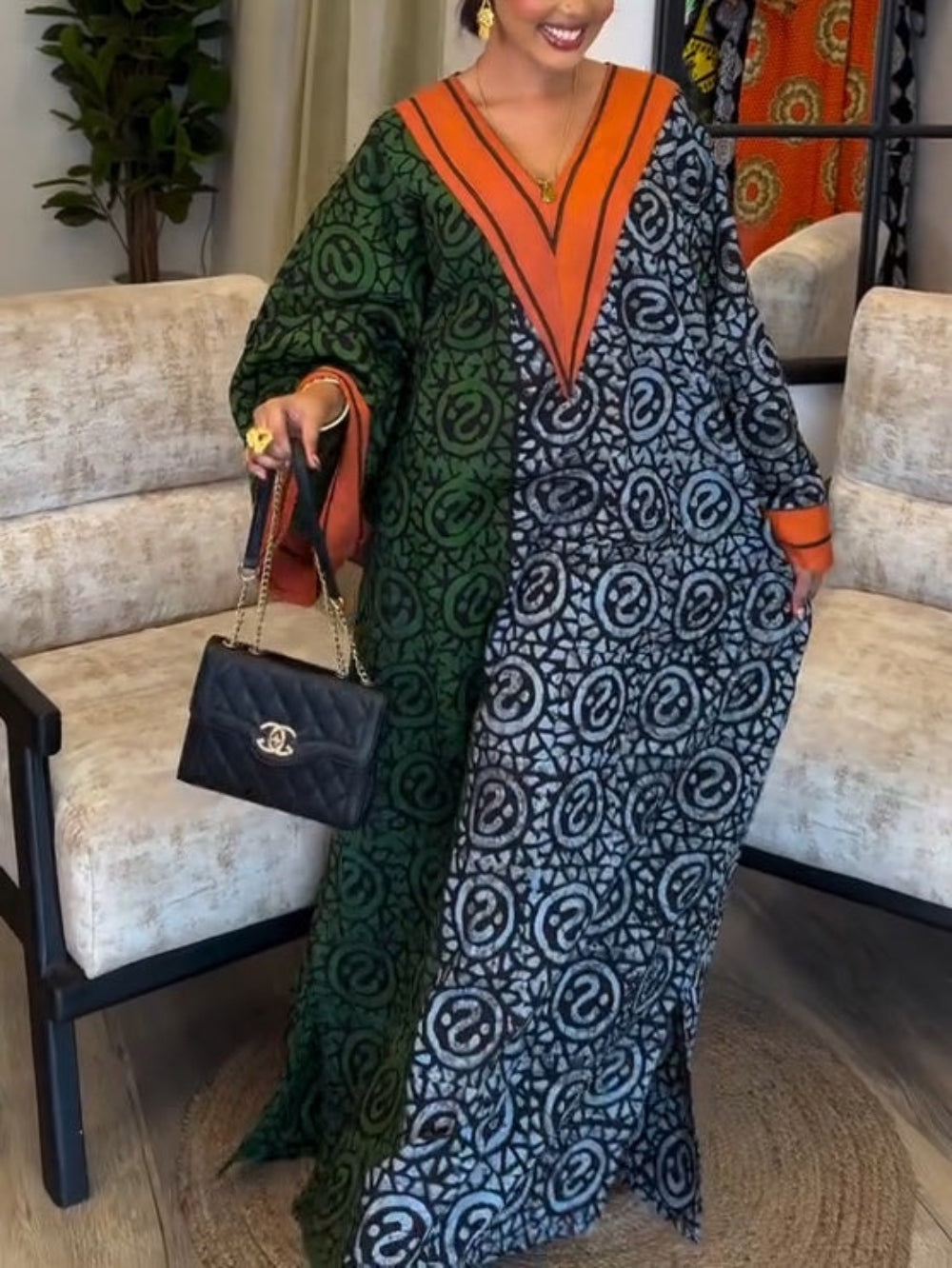 IMANI – AFRICAN PRINT V-NECK KAFTAN MAXI DRESS