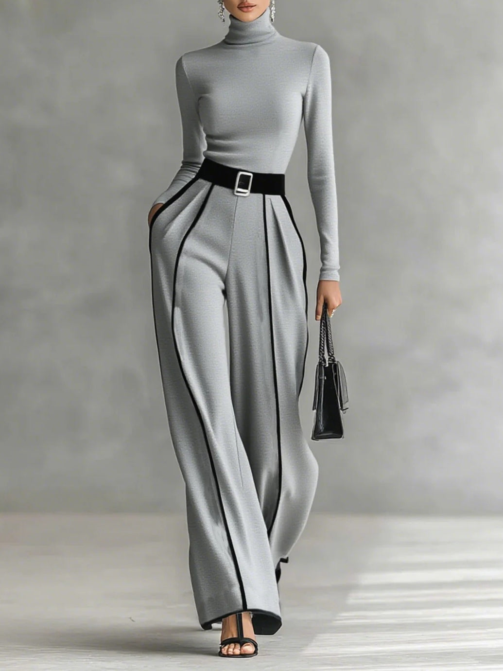 Solana - Long Sleeve Turtleneck and Wide Leg Pants Set with Belt