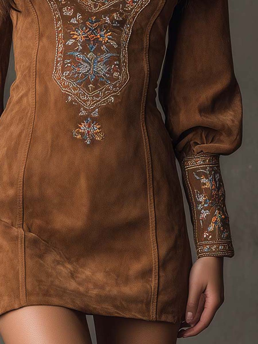 Clara | Vintage Brown V-Neck Suede Midi Dress