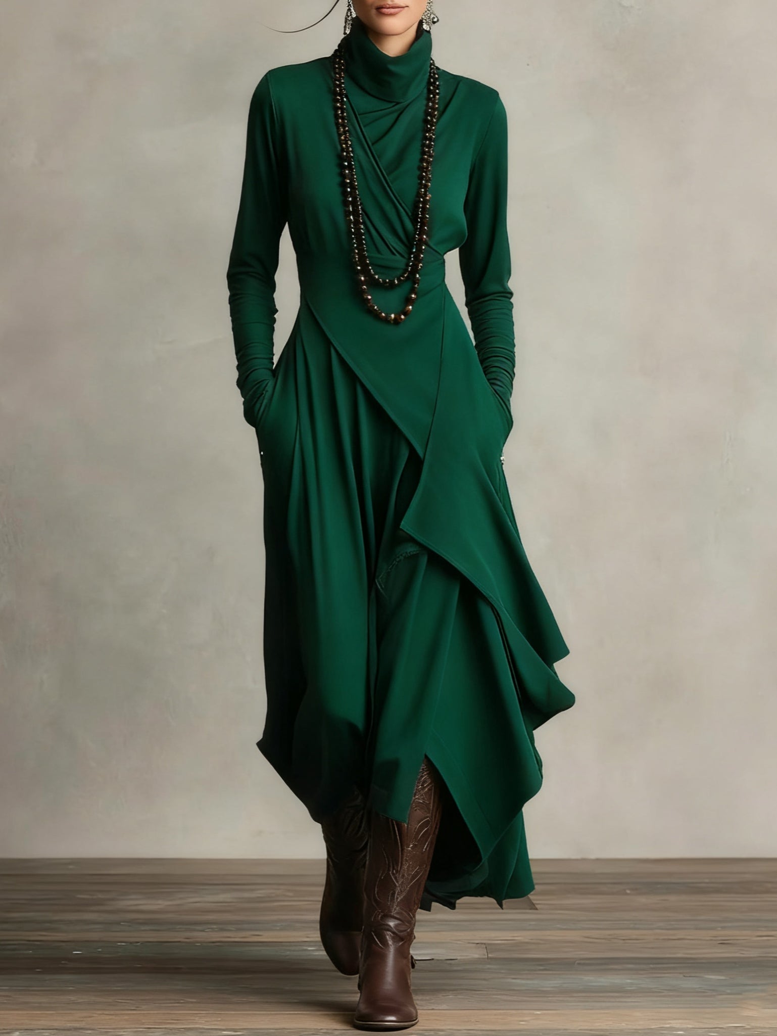RENATA – ELEGANT ASYMMETRICAL MAXI DRESS WITH HIGH COLLAR