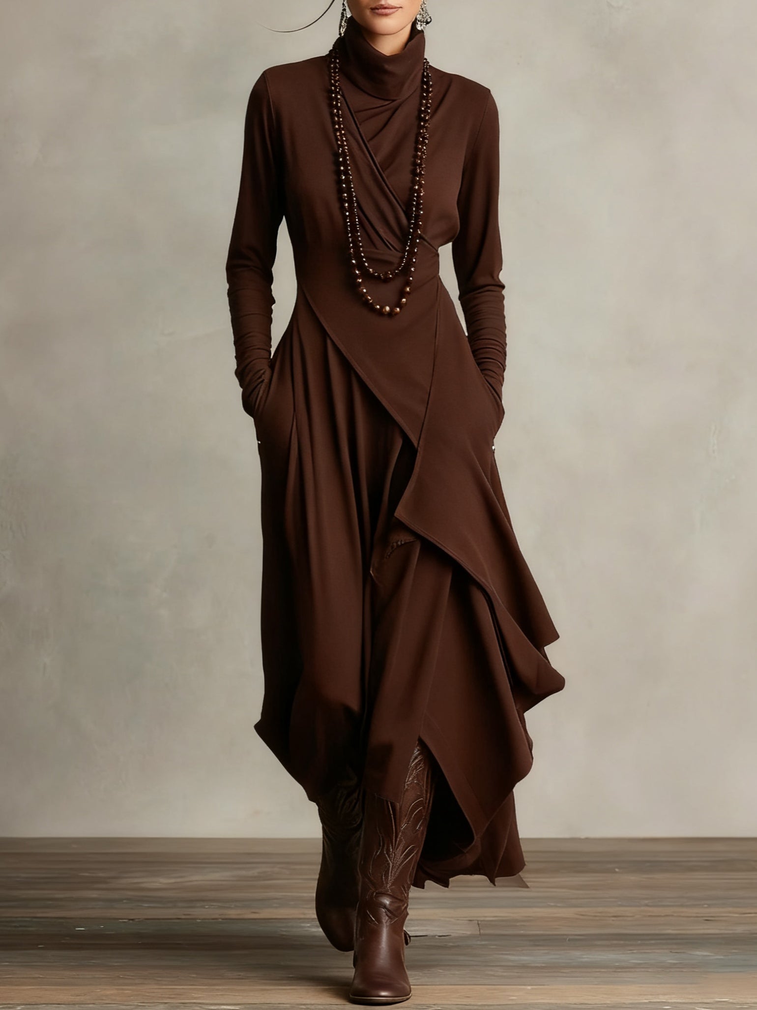 Solmira | Asymmetrical Pleated Maxi Dress with High Neck