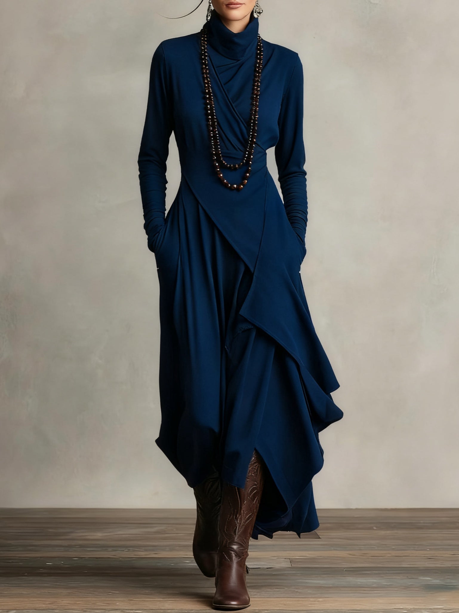 Solmira | Asymmetrical Pleated Maxi Dress with High Neck