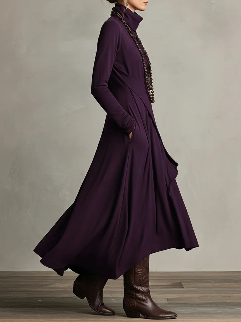 Solmira | Asymmetrical Pleated Maxi Dress with High Neck