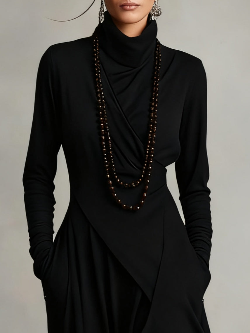 Solmira | Asymmetrical Pleated Maxi Dress with High Neck