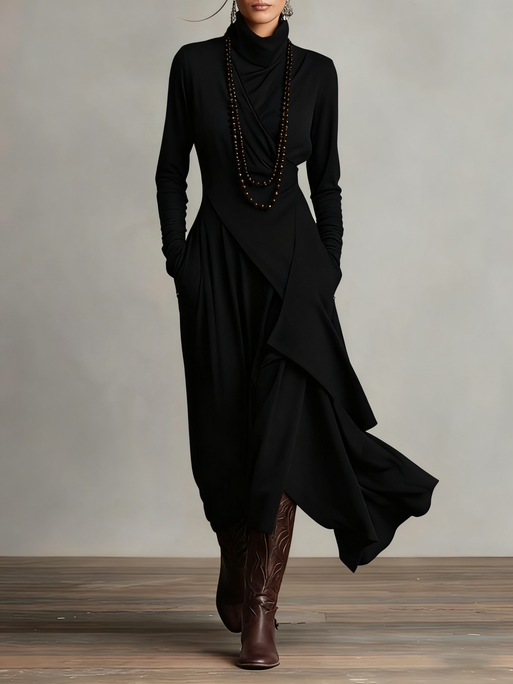 Solmira | Asymmetrical Pleated Maxi Dress with High Neck