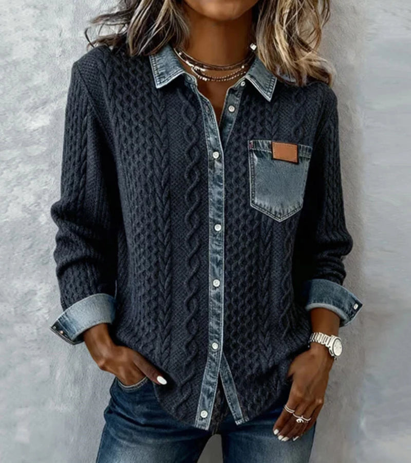 Bibianna - Long Sleeve Shirt With Denim Patchwork