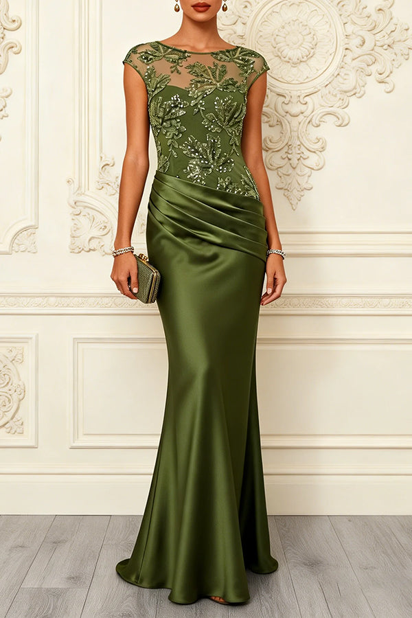 Nasha Floral Sequin Satin Boat Neck Short Sleeve Ruched Mermaid Gown Maxi Dress | Consonak