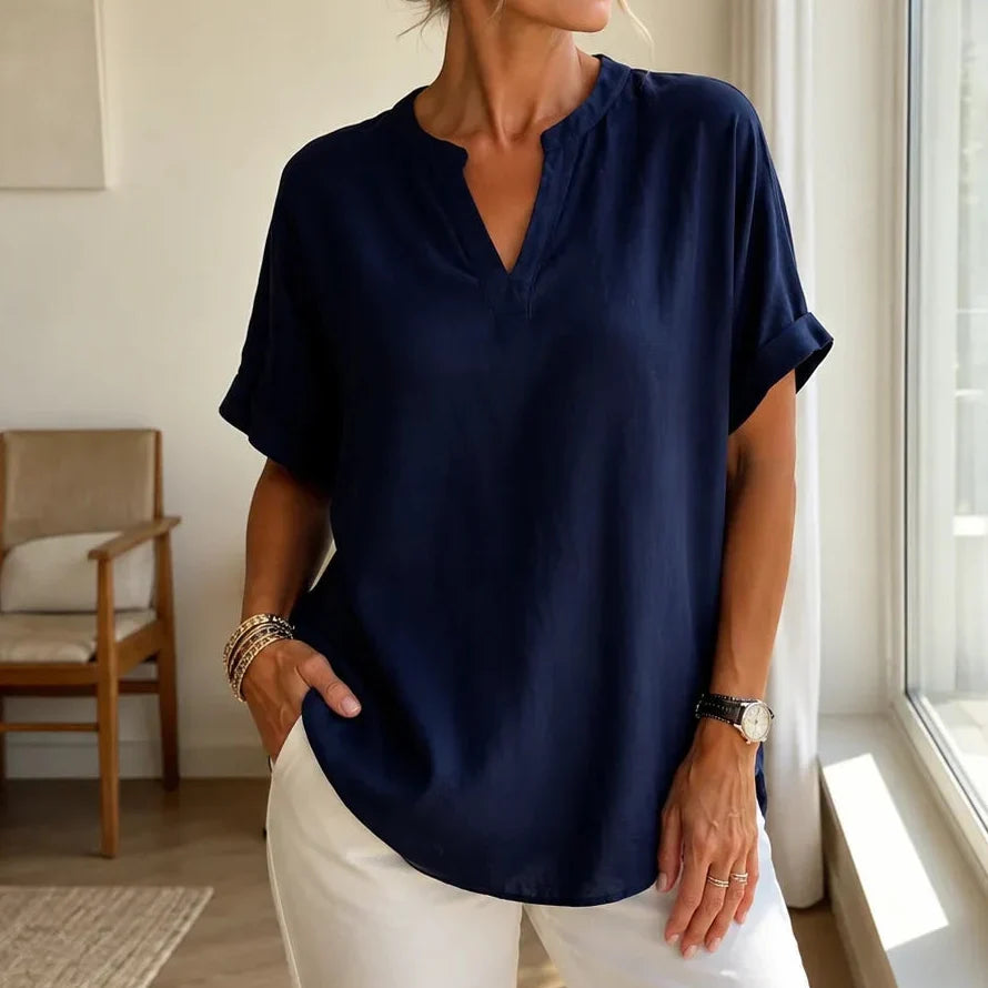 Linora – Notch V-Neck Short Sleeve Curved-Hem Tunic Blouse for Women