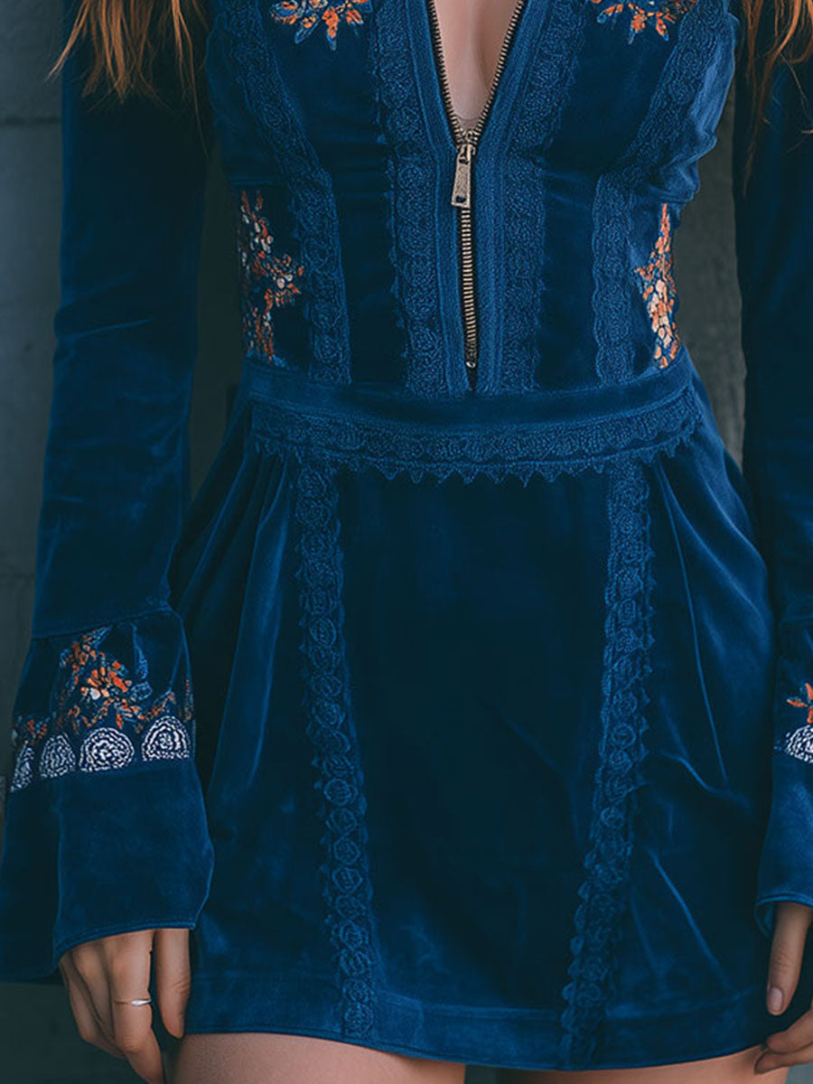 Boho Blue Velvet Zipper Front Lace Trim Embroidered Mini Dress