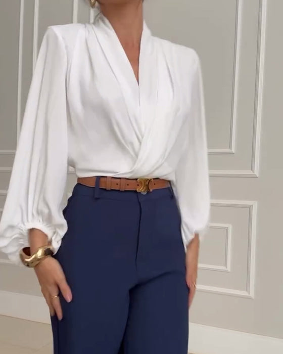 Solid Color V-Neck Lantern Sleeve Blouse