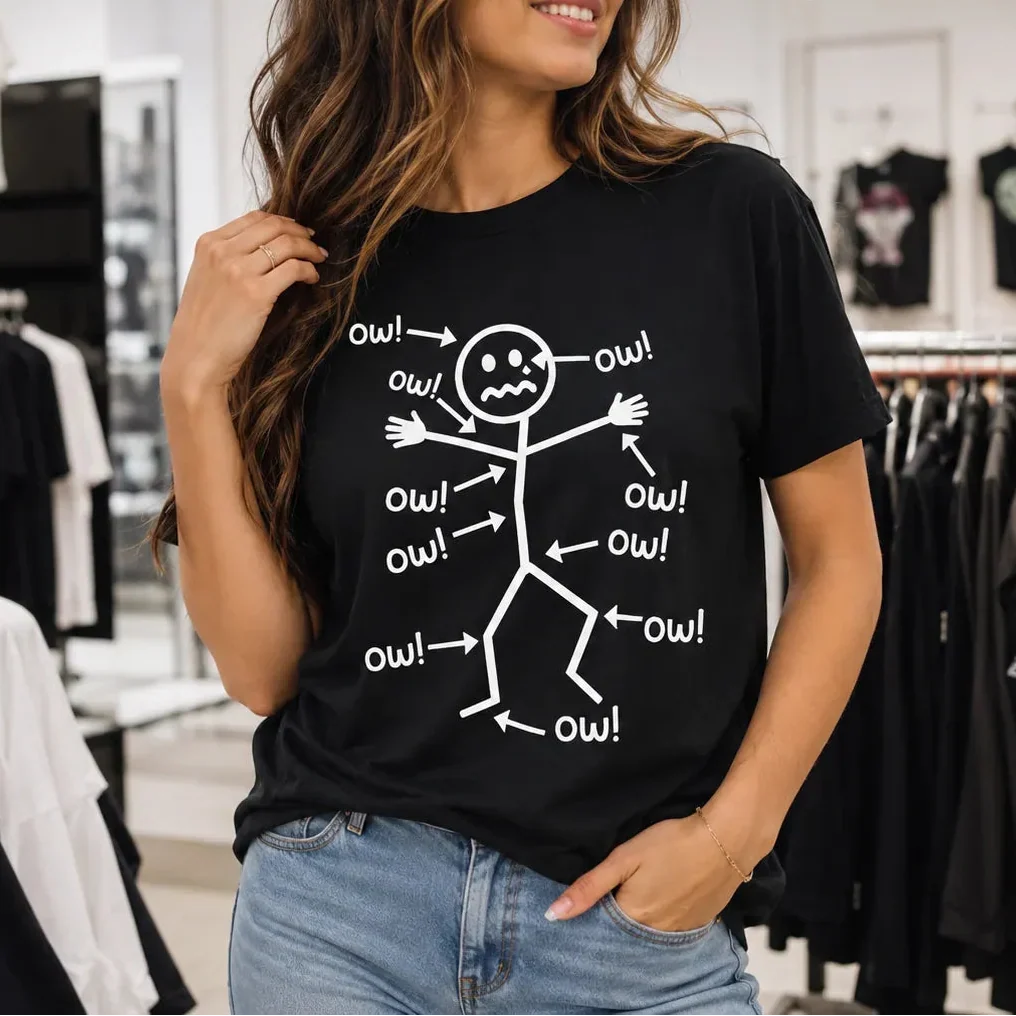Achewear – Funny "Ow!" Stick Figure Graphic Tee, Relaxed Fit Cotton-like T-Shirt for Women & Men
