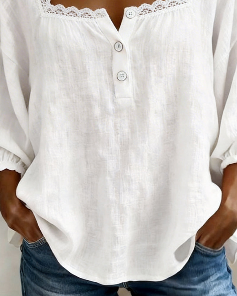 Balloon Sleeve Lace Blouse with Square Neckline