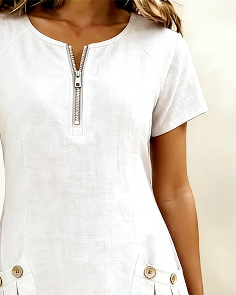 Short Linen and Cotton Dress with Zipper Closure - Elegant A-Line Cut