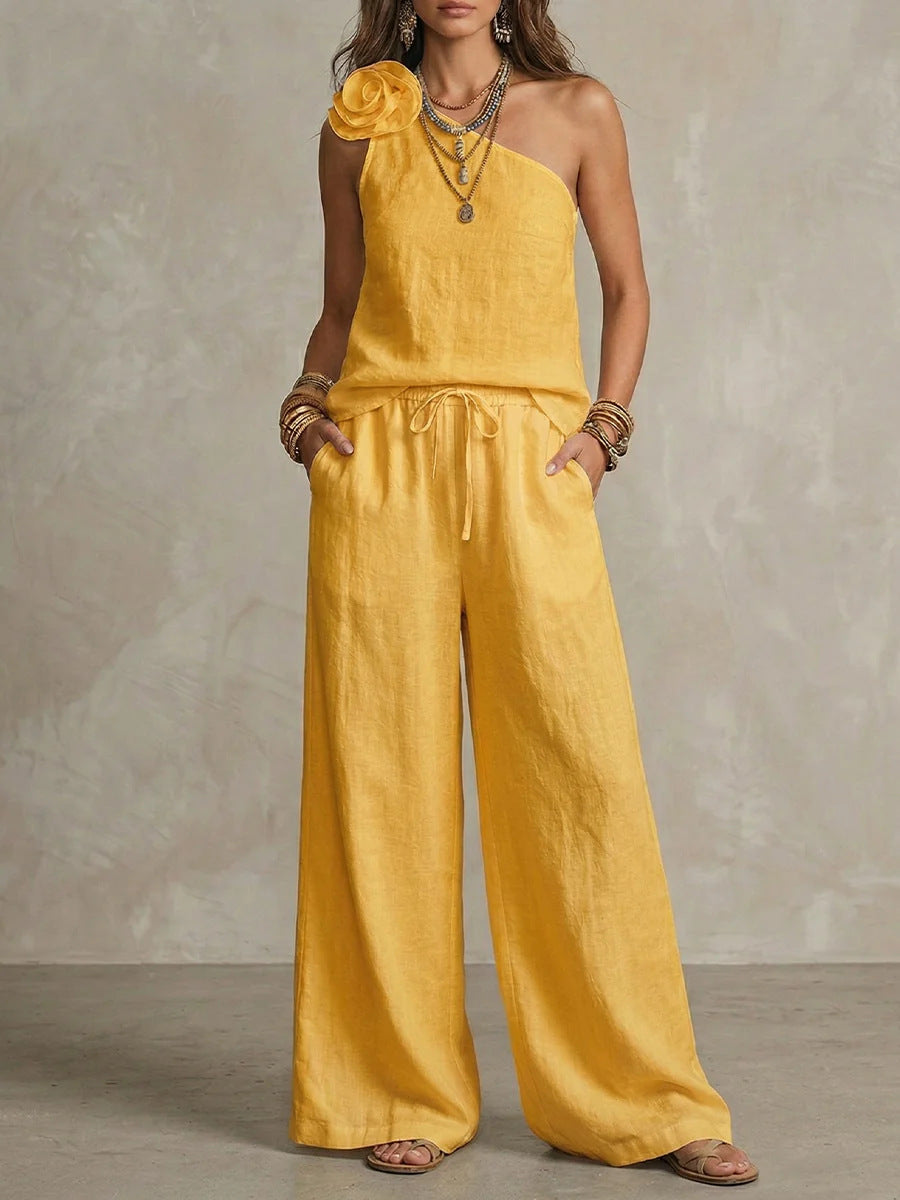 Elegant Two-Tone Set - Sleeveless Shirt and Pants