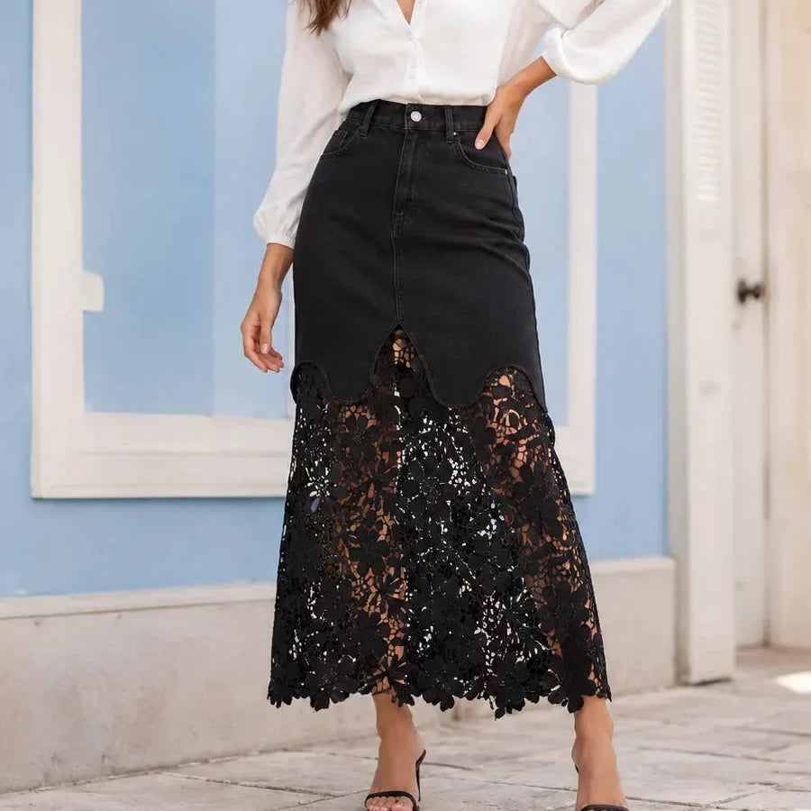 Florenza – Floral lace hem high waist denim maxi skirt with pockets