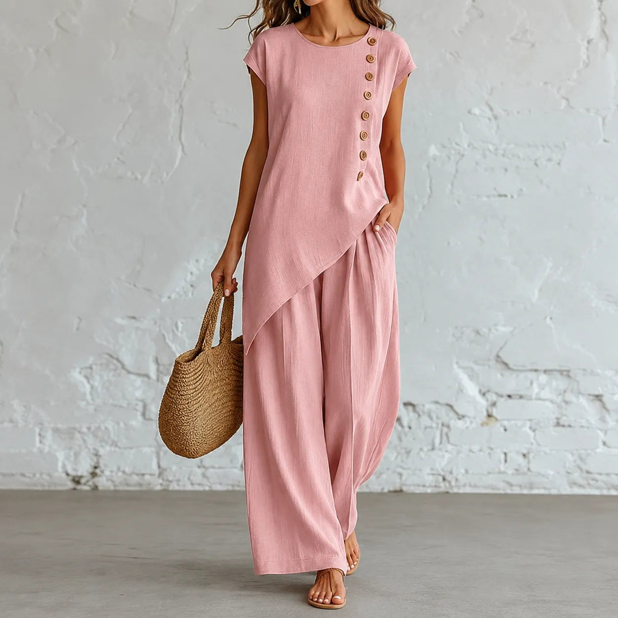 Elovena – Asymmetric Hem Matching Set with Wide-Leg Pants