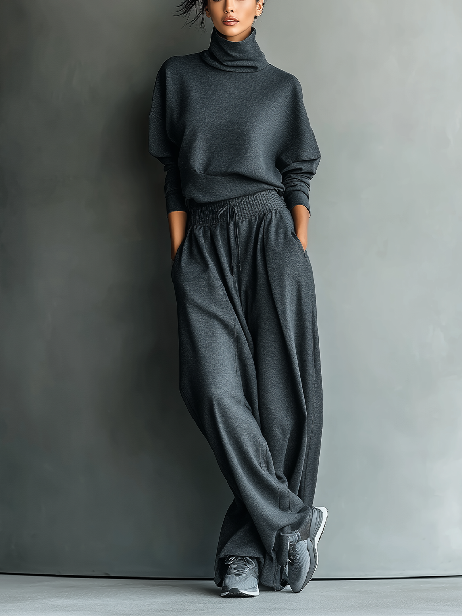 Women's Charcoal Knit Fabric Turtleneck Oversized Top & Wide-Leg Pants Set MDA2435L7T
