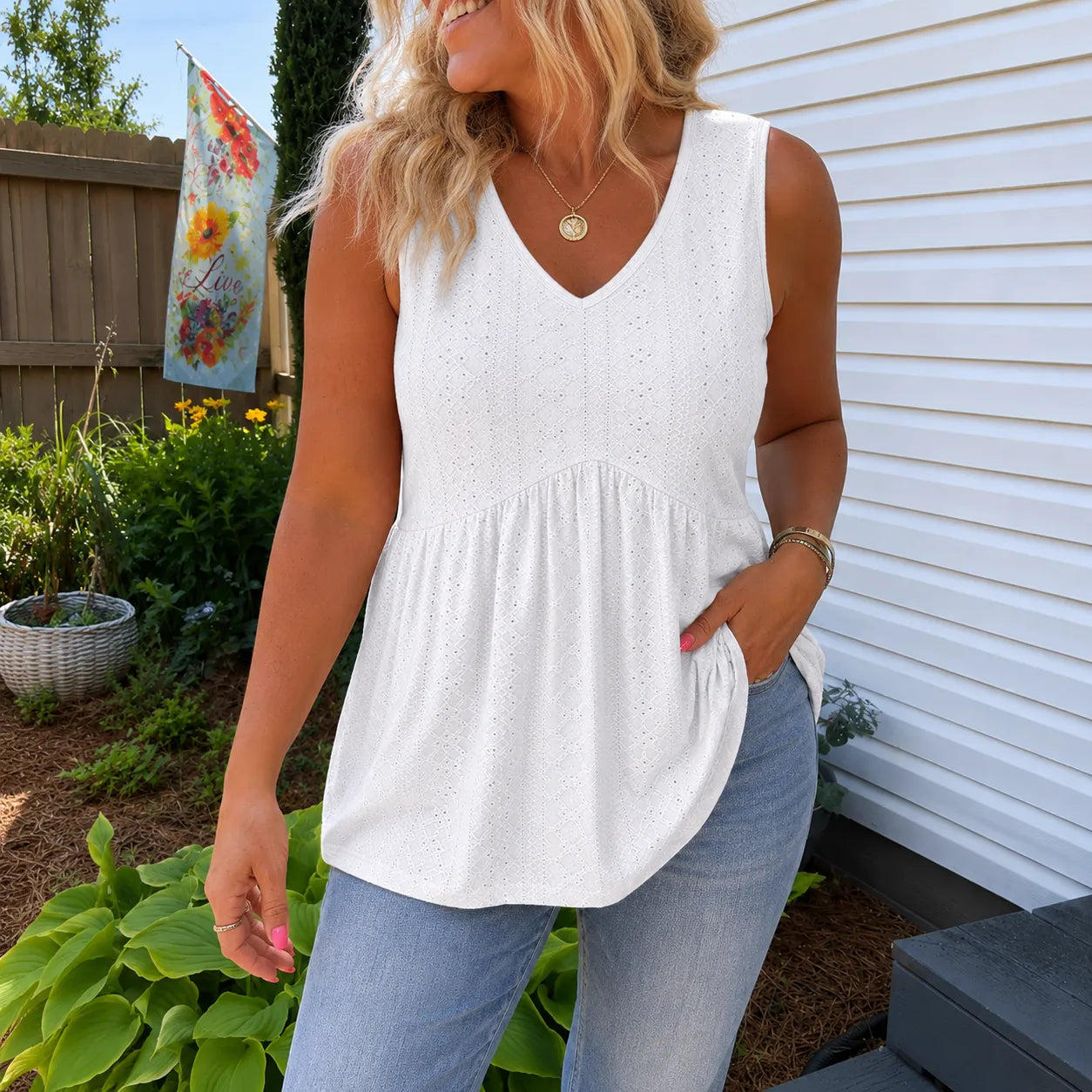 Florelle – Eyelet Peplum V-Neck Tank Top for Women, Flowy Sleeveless Summer Top