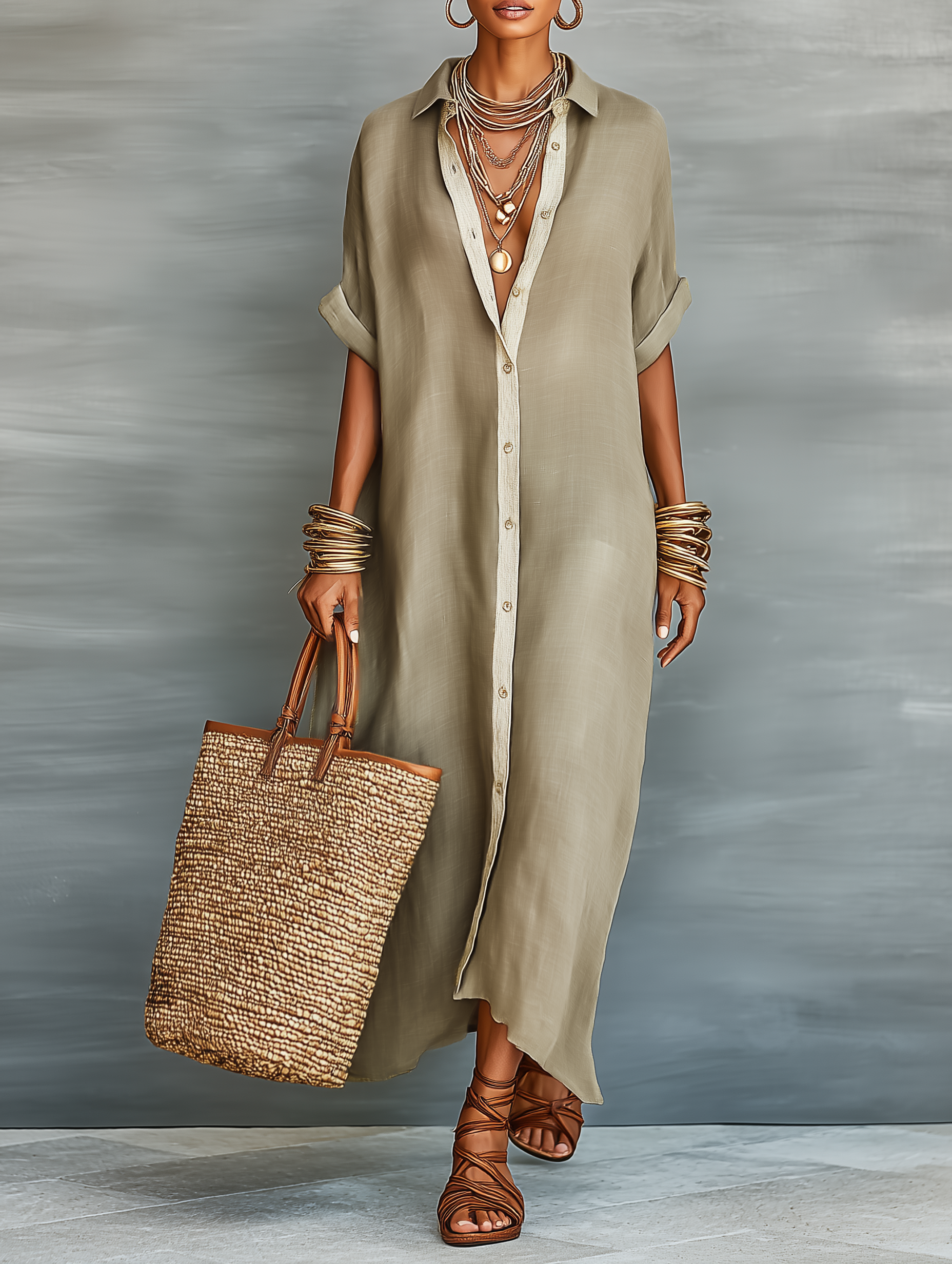 Women's Minimalist Linen Maxi Dress with Short Sleeves