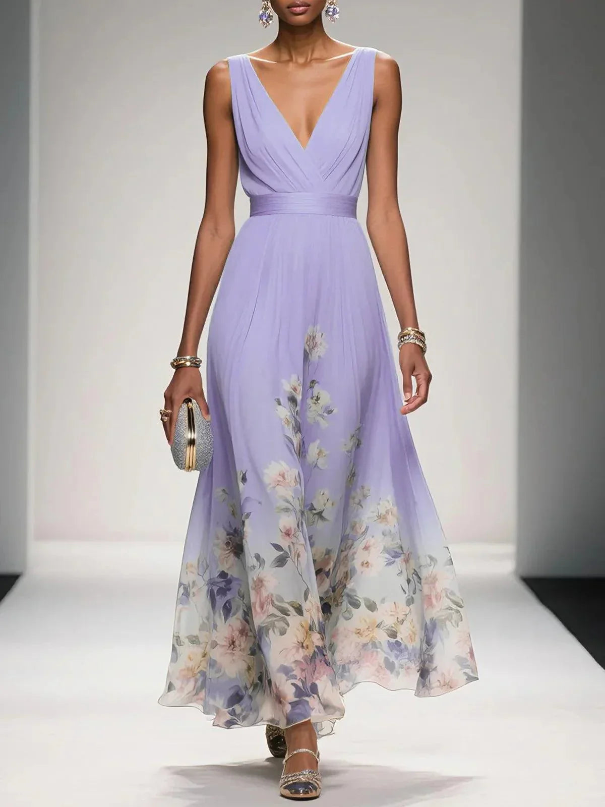 Elegant Light Blue Floral Chiffon V-Neck Sleeveless A-Line Maxi Dress