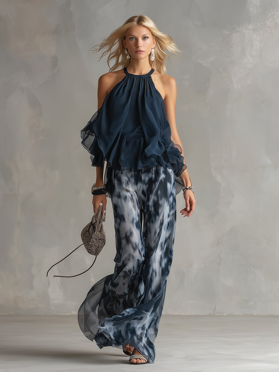 Ludovica | Elegant Navy Blue Halter Top and Wide Printed Pants Set