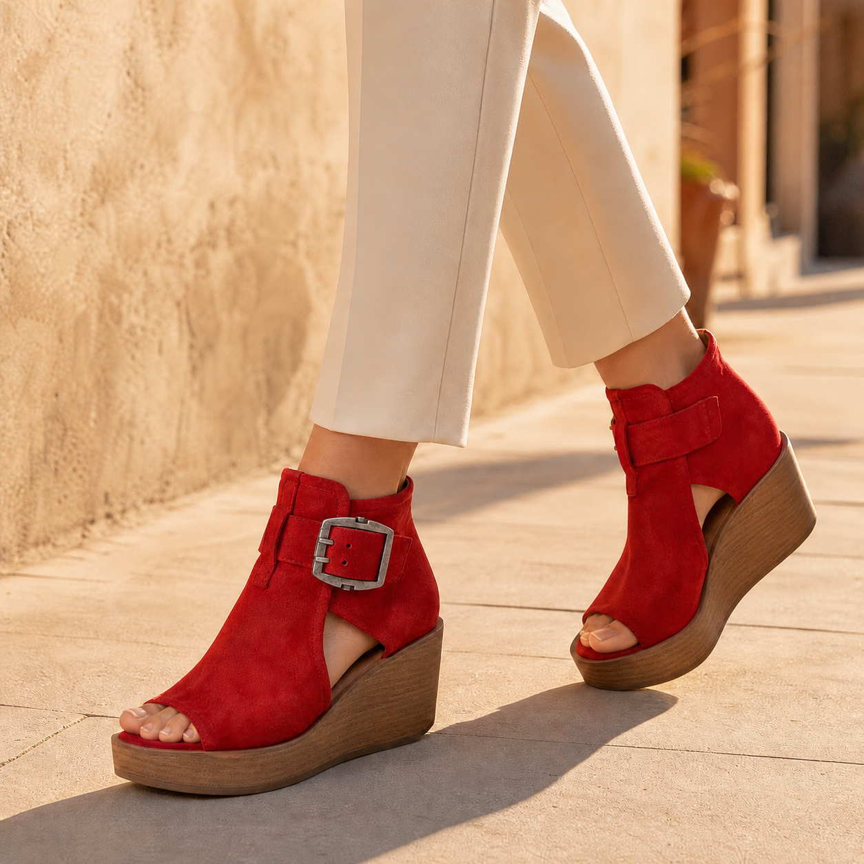Elsera – Peep-Toe Platform Wedges with Buckle Detail