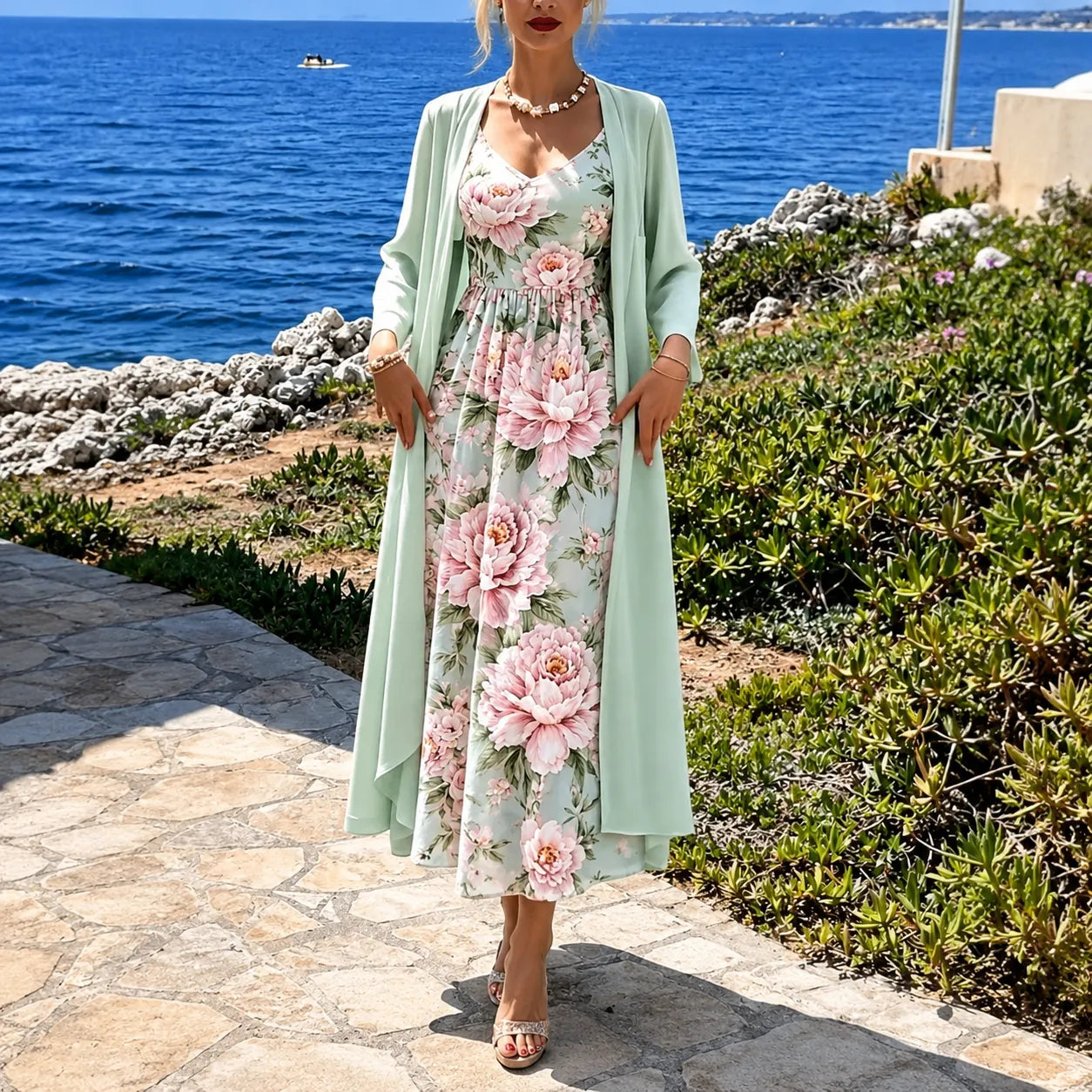 Florenza – Two-Piece Floral Maxi Dress with Sheer Duster