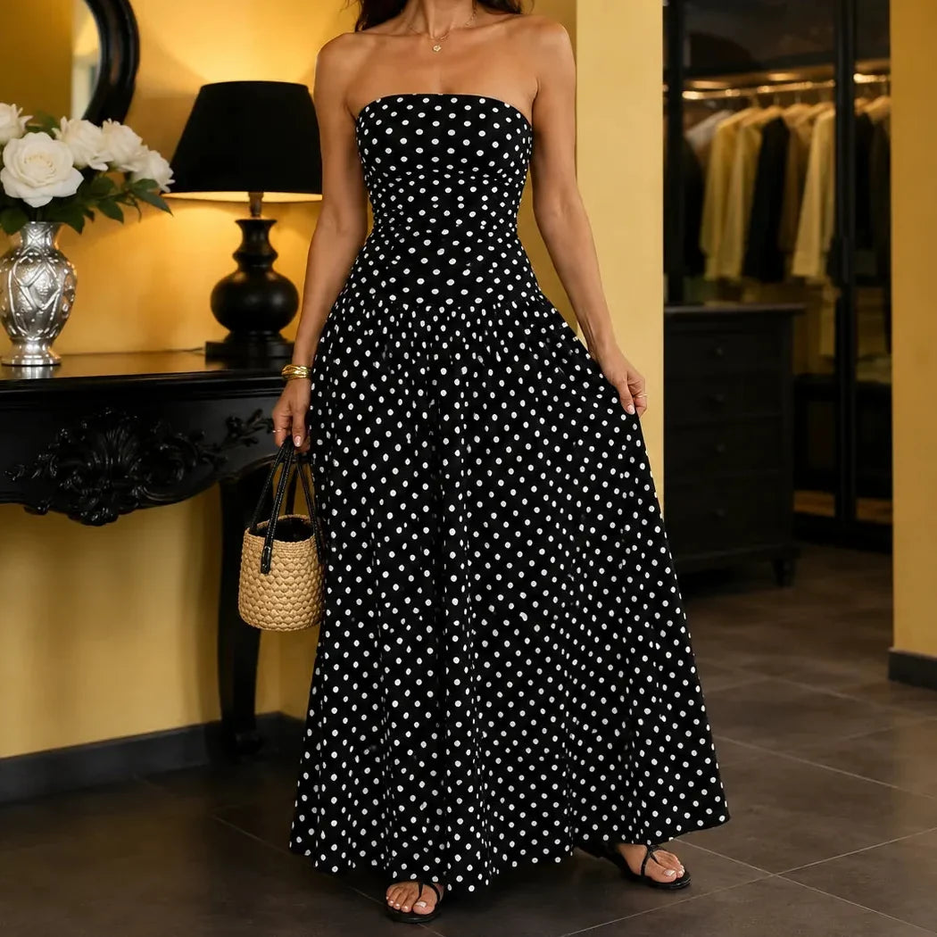 Doretta – Strapless Polka Dot Ruched Maxi Dress